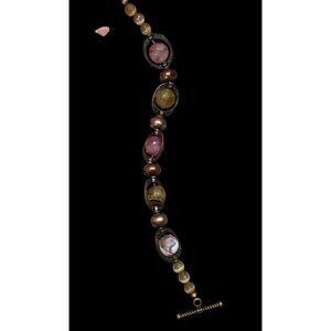 Handcrafted Green And Pink Multi-Stone Beaded Bracelet With Toggle Clasp